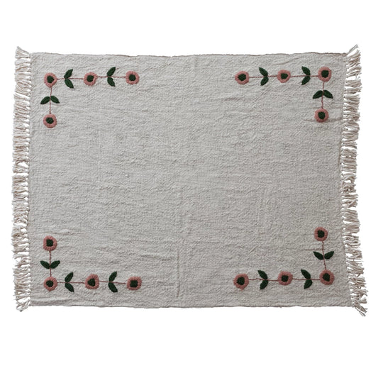 Cotton Slub Throw with Hand-Embroidered Flowers