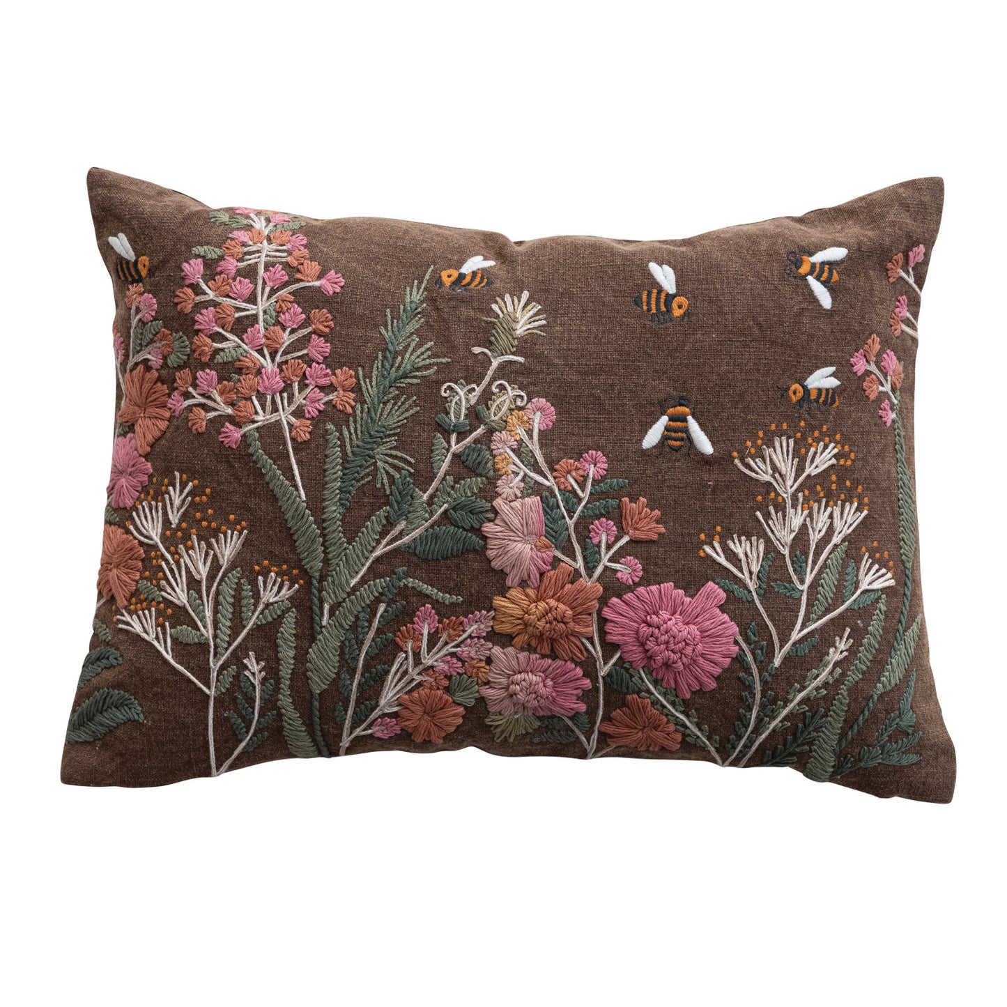 Hand Embroidered Pillow Flowers & Bees