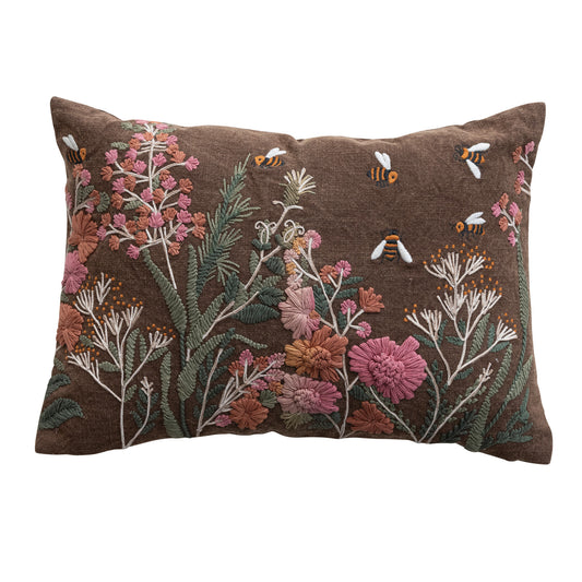 Hand Embroidered Pillow Flowers & Bees