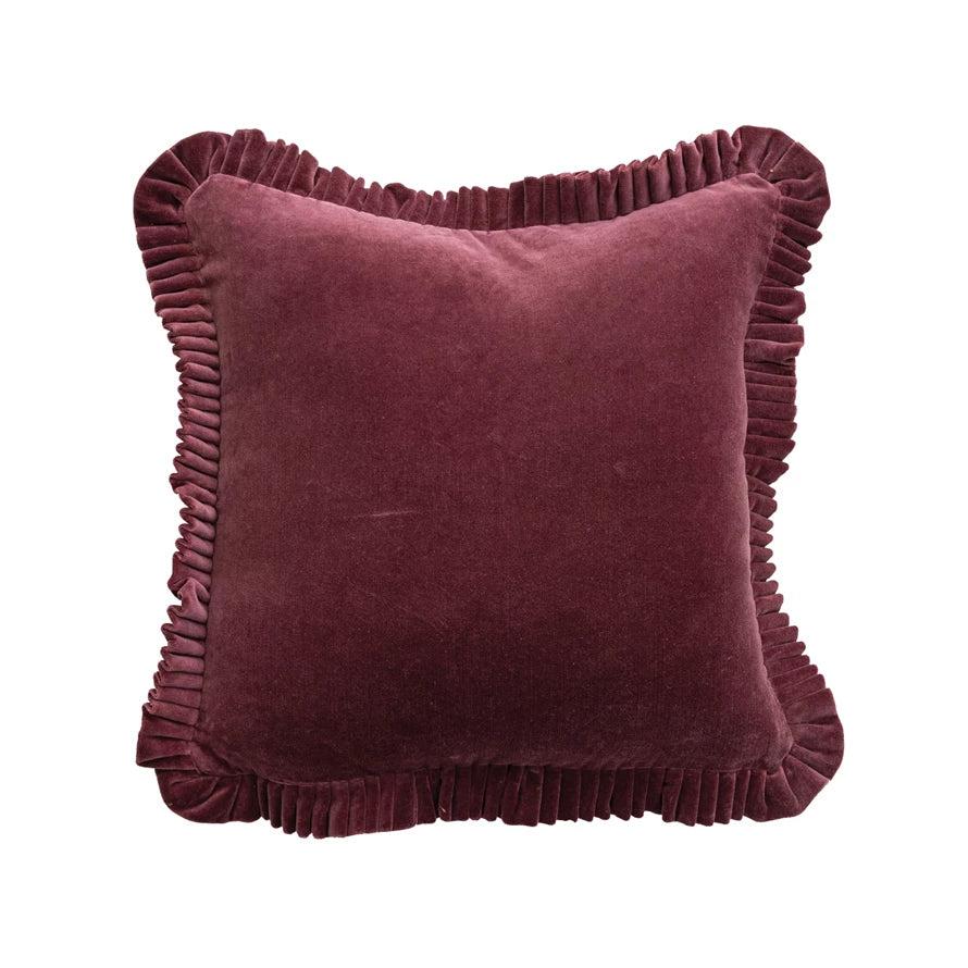 18" Square Cotton Velvet Pillow with Ruffle, Burgundy