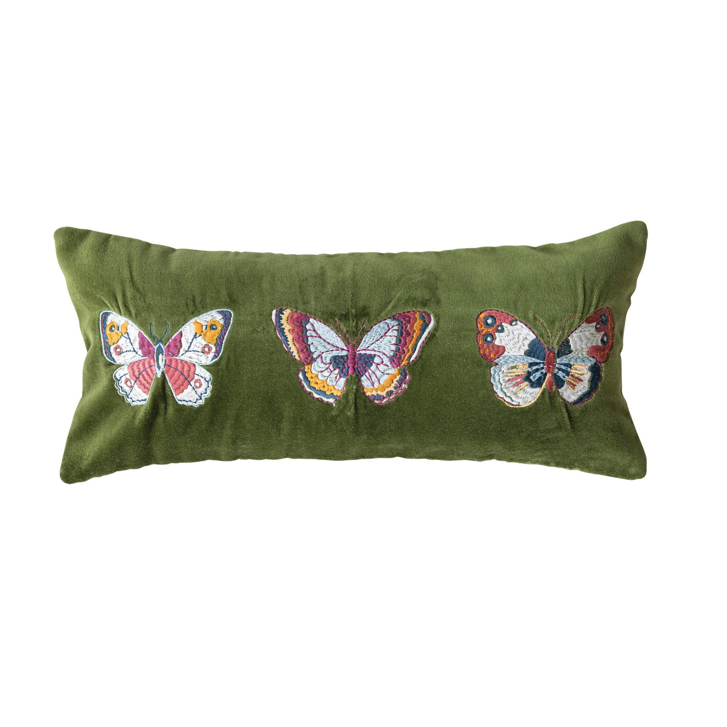 Cotton Velvet Lumbar Pillow with Embroidered Butterflies