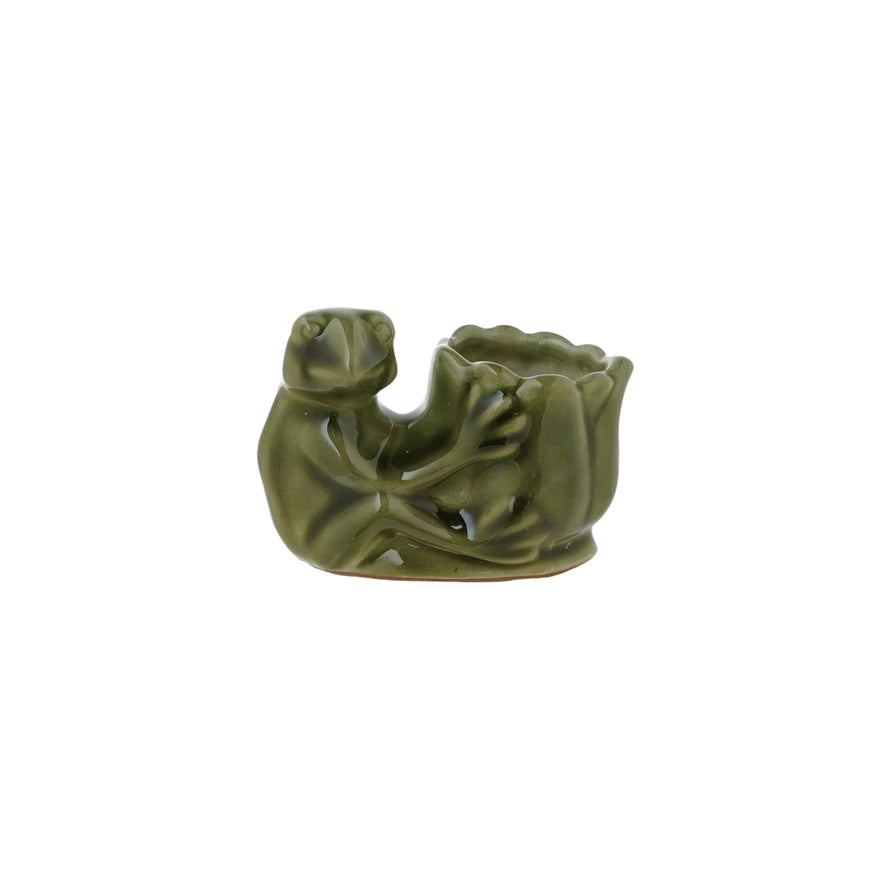 Stoneware Frog Holding Flower Shaped Vase