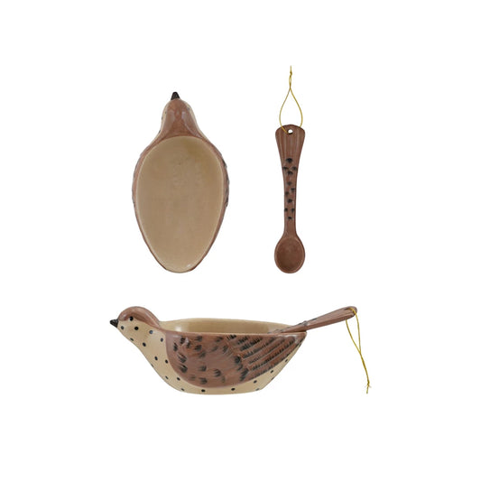Hand-Painted Stoneware Bird Shaped Bowl & Tail Shaped Spoon