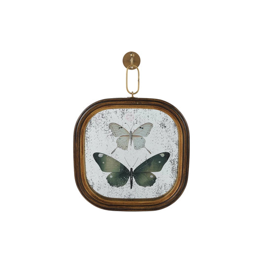 Wood Framed Antique Mirror Wall Decor with Butterflies & Metal Wall Hook