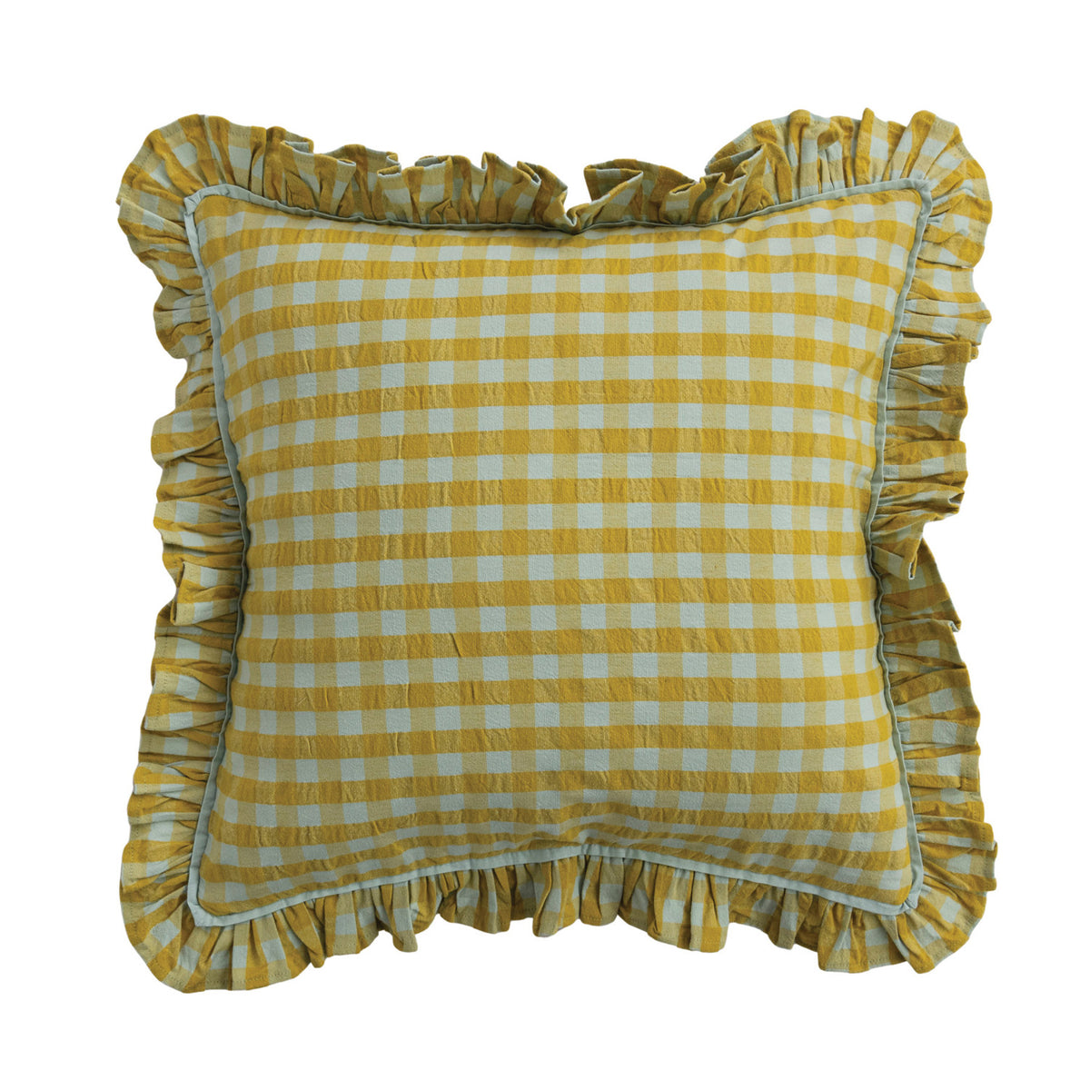 18" Square Cotton Pillow with Check Pattern & Ruffle