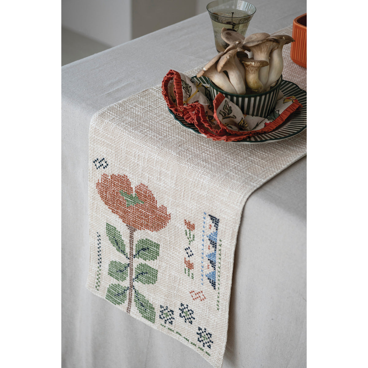 Cotton Slub Table Runner with Embroidered Flowers
