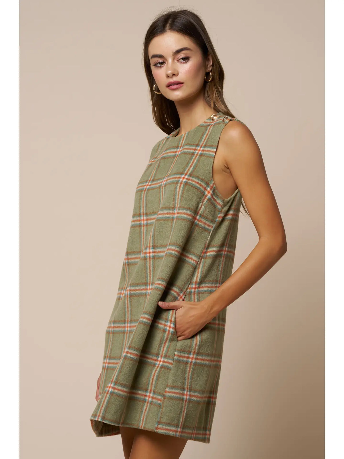 Plaid Sleeveless Mini Shift Dress W/Pockets