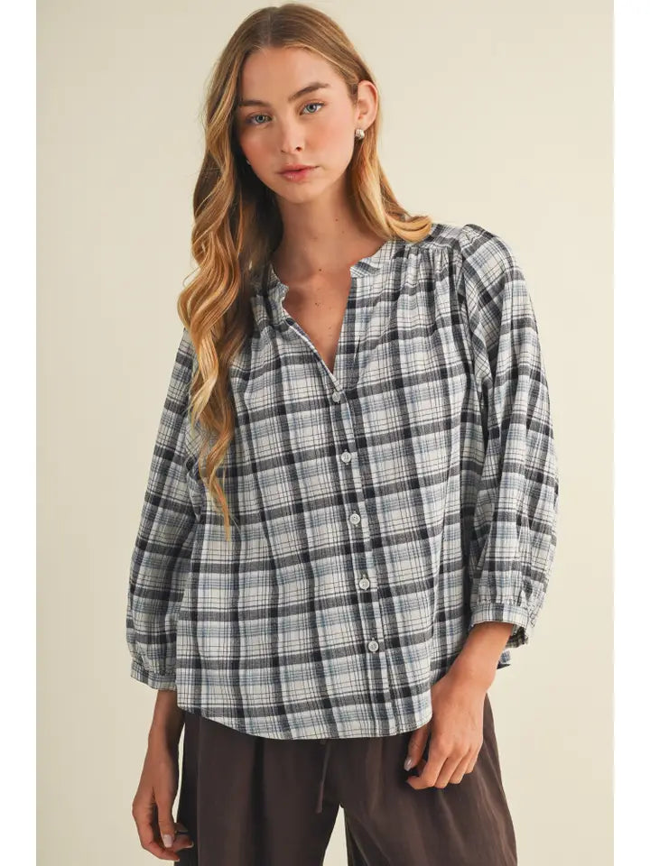 V-Neck Shirred Yoke Plaid Blouse
