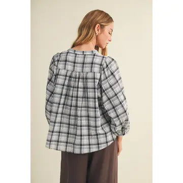V-Neck Shirred Yoke Plaid Blouse