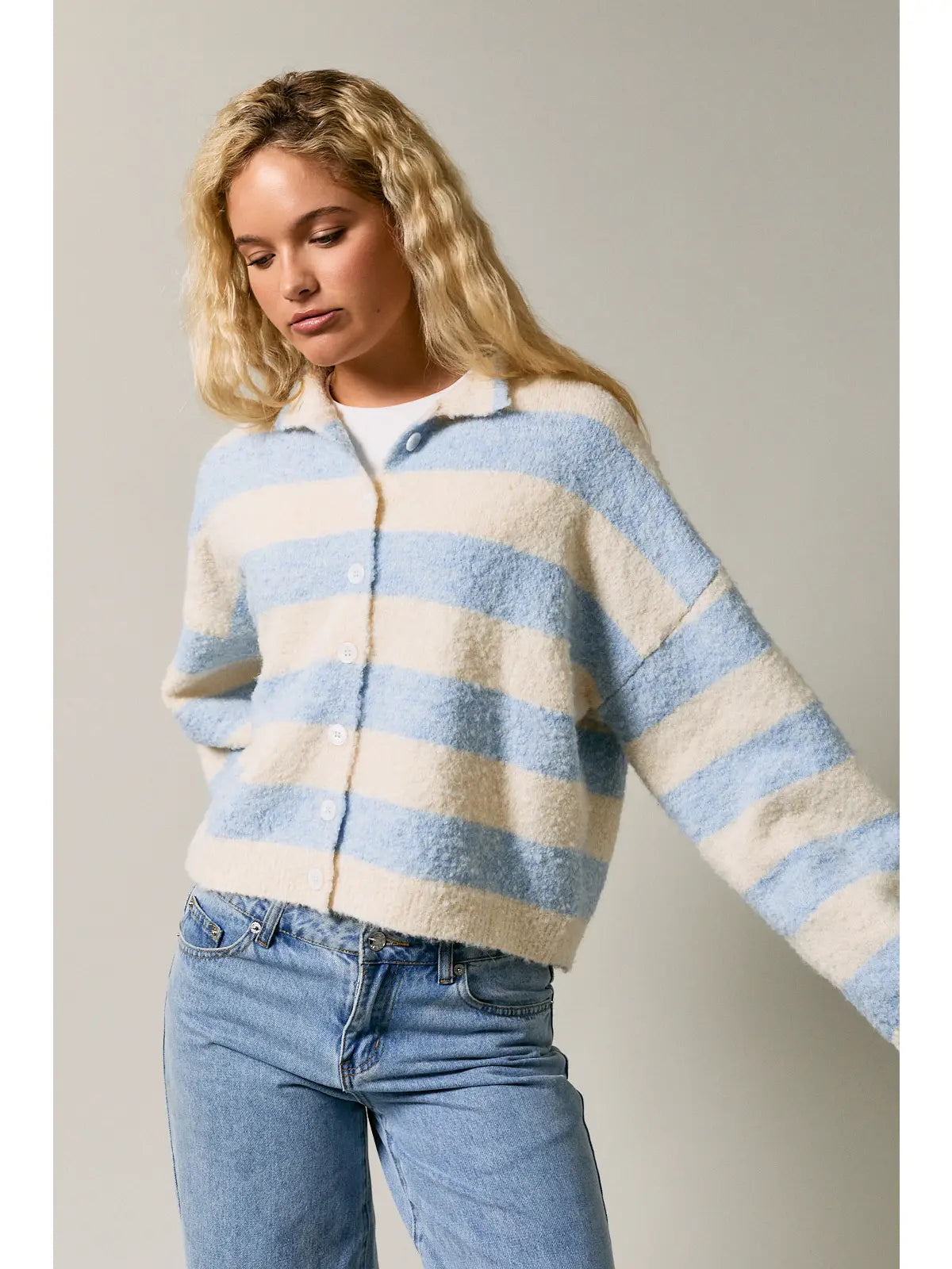 Striped Fuzzy Knit Mock Neck Button Cardigan