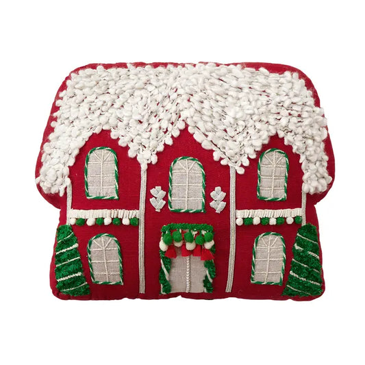 Red House with Poms Appliqué Pillow