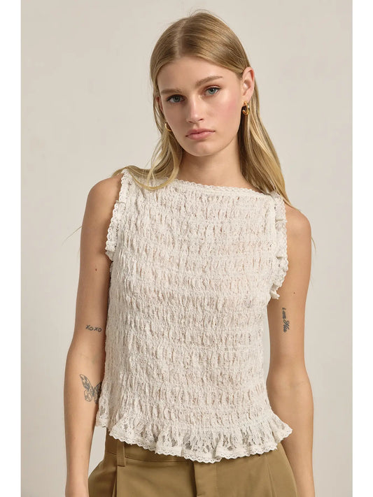Smocked Lace Trim Sleeveless Top