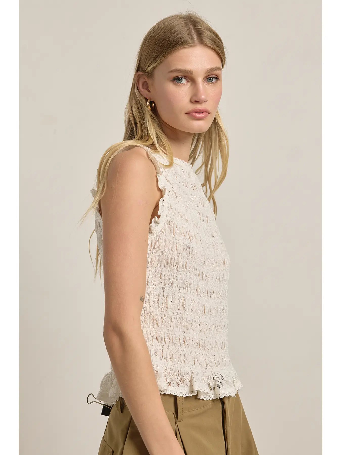 Smocked Lace Trim Sleeveless Top