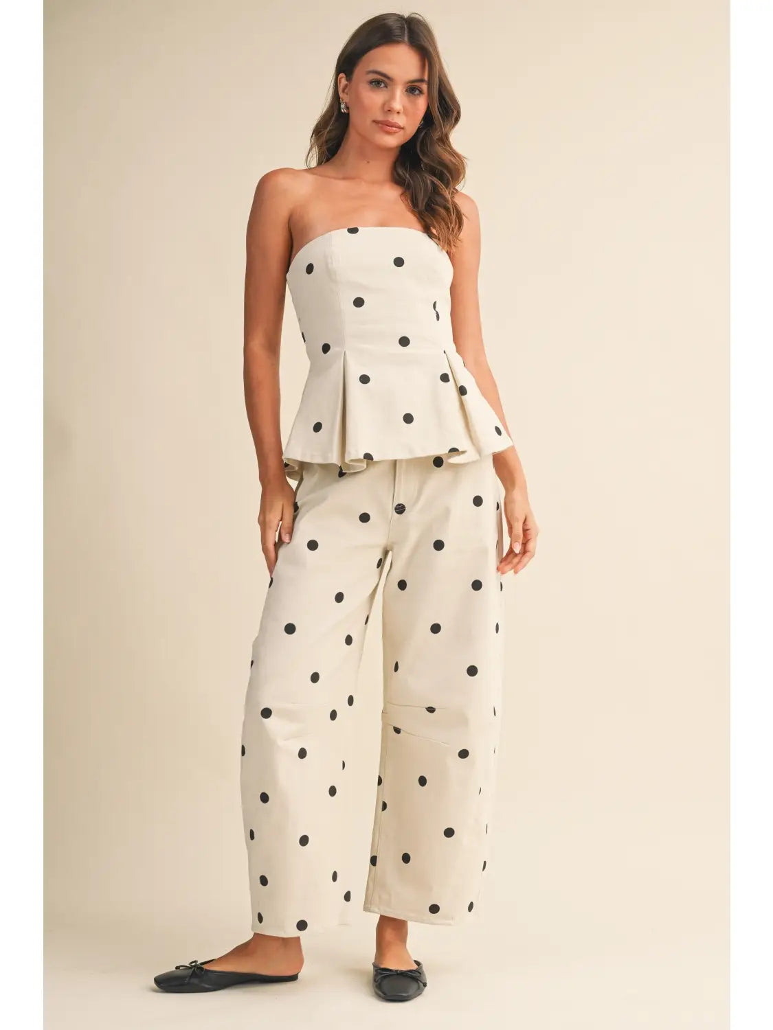 Polka Dot Strapless Peplum Top and Barrel Pant Set