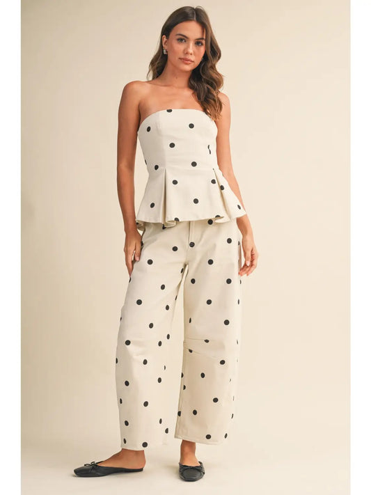 Polka Dot Strapless Peplum Top and Barrel Pant Set