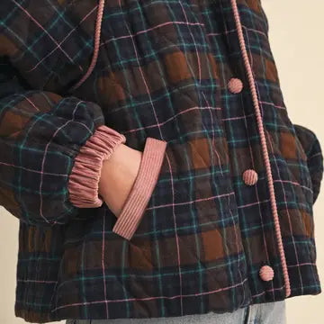 Plaid Quilted Jacket with Contrast Corduroy Detail