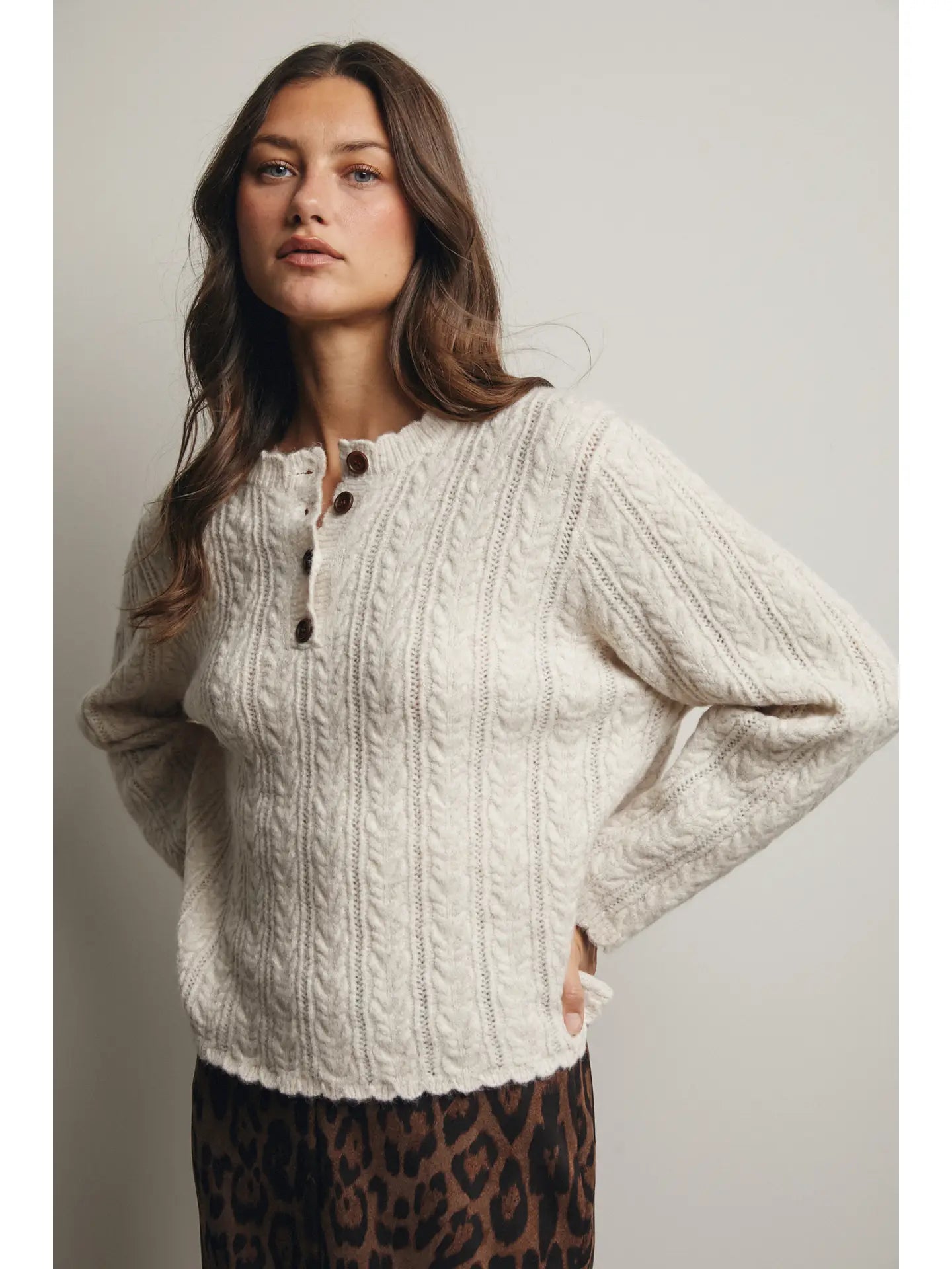 Cable Knit Button Henley Sweater