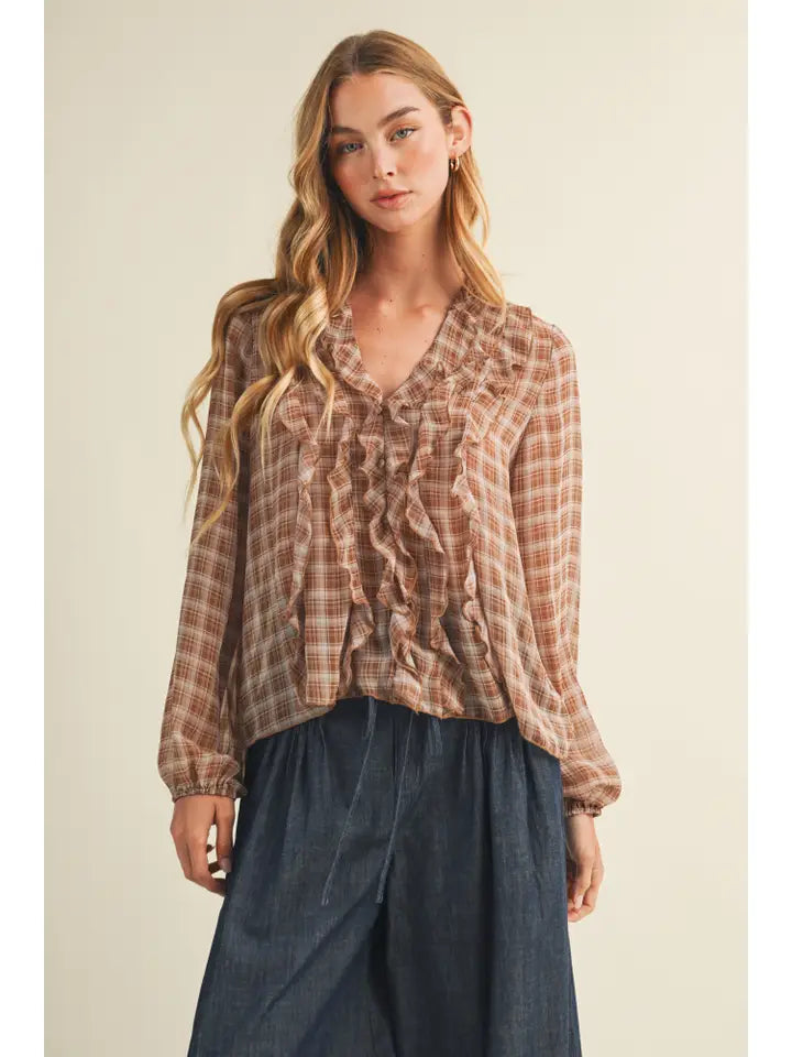 Ruffle Cascade Plaid Georgette Blouse