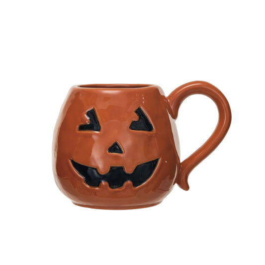 16 oz. Debossed Stoneware Jack-O-Lantern Shaped Mug, Orange Color & Black