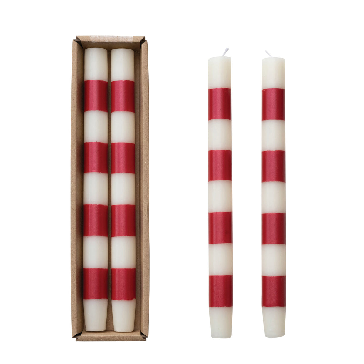 10" Red Striped Taper Candle Set