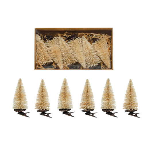 2" Round x 4-1/2"H Sisal Bottle Brush Tree Clip-on Ornaments, Cream Color, Boxed Set of 6