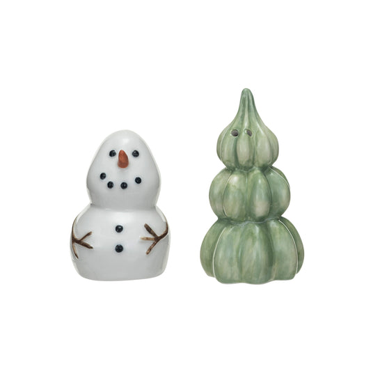 Stoneware Snowman & Tree Salt & Pepper Shakers, Set of 2 ©