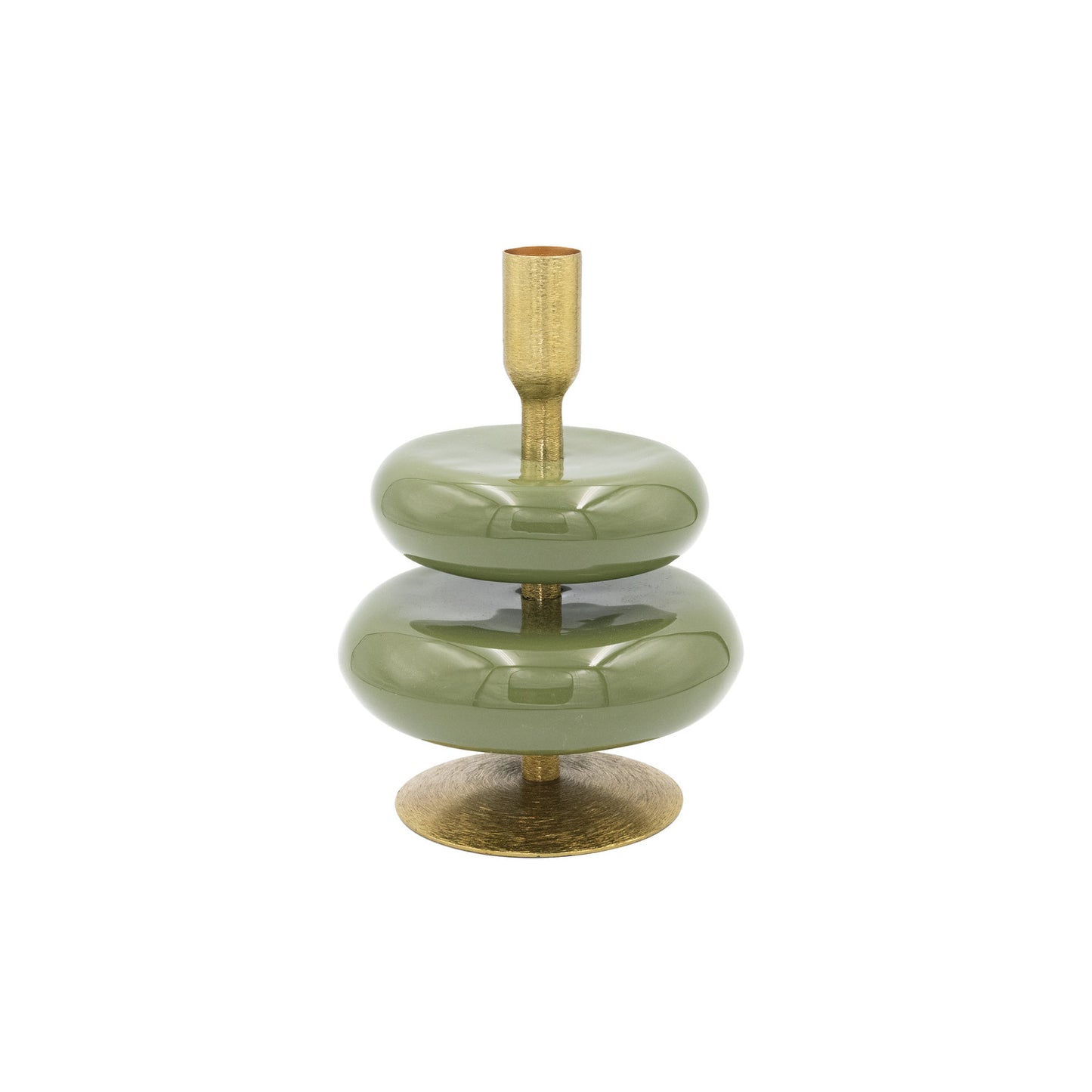 5" Round x 6-3/4"H Enameled Metal Taper Holder, Green & Gold Finish