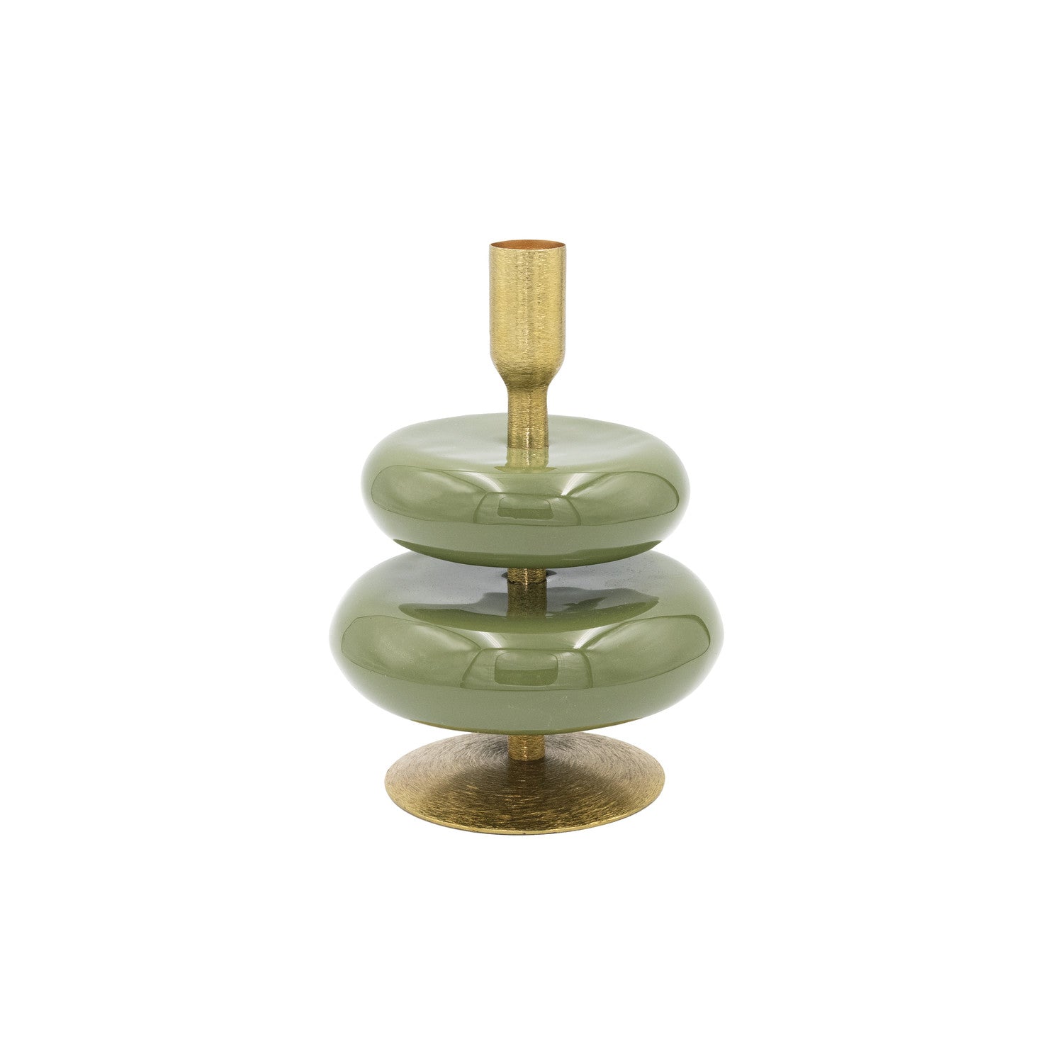5" Round x 6-3/4"H Enameled Metal Taper Holder, Green & Gold Finish