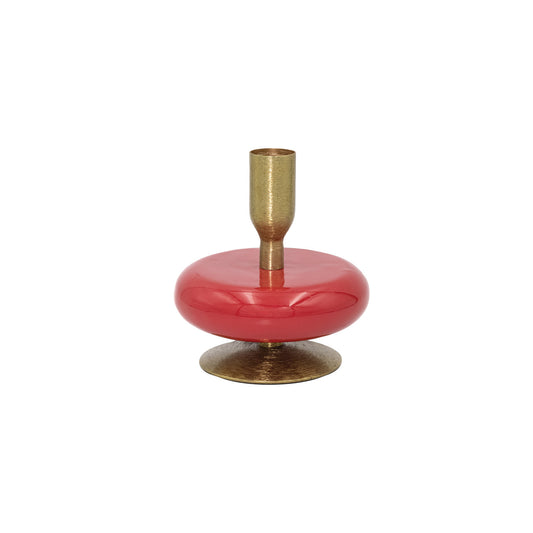 4" Round x 4-1/4"H Enameled Metal Taper Holder, Red & Gold Finish