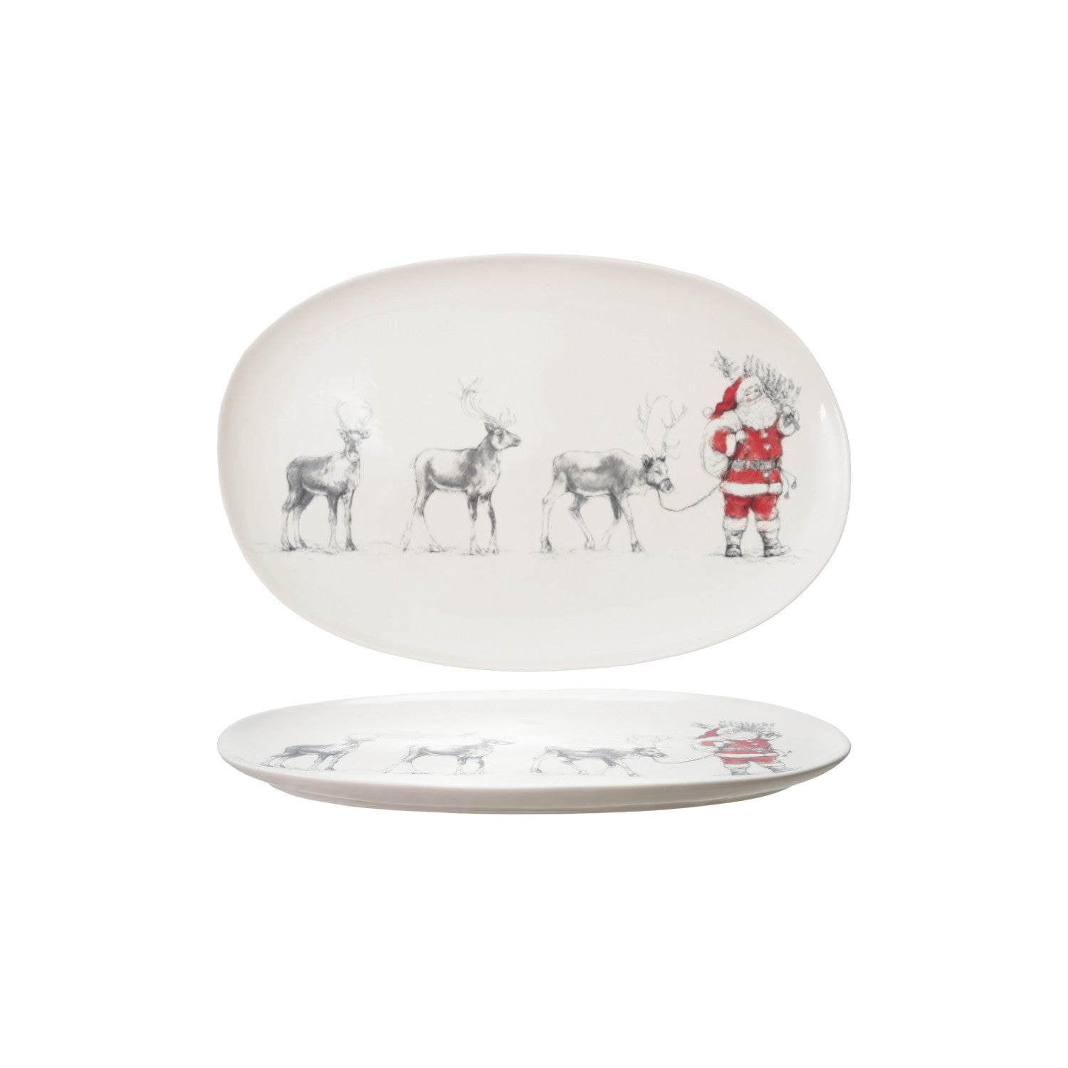Oval Stoneware Serving Platter with Santa Leading Reindeer Image ©
