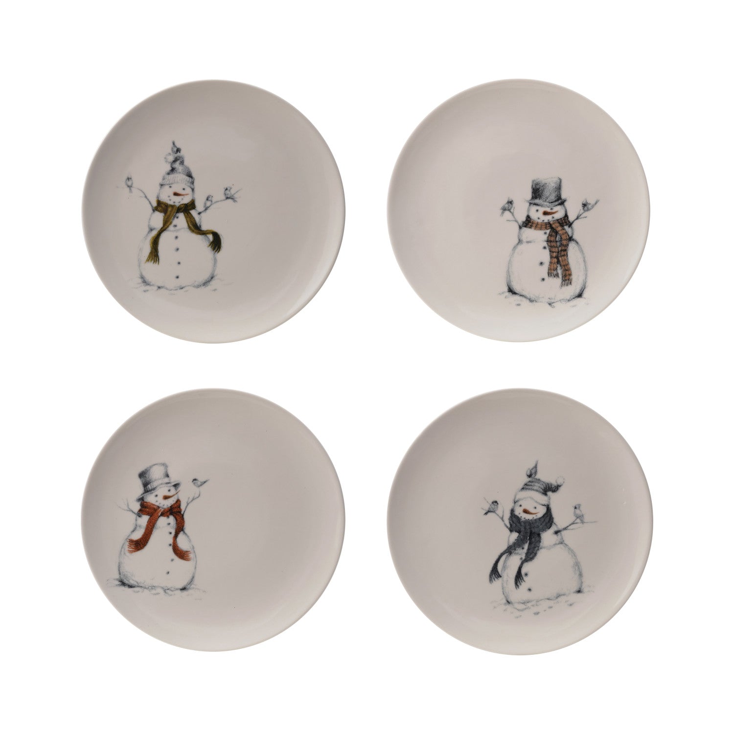 10" Round Stoneware Plate with Snowman & Bird Image, 4 Styles ©