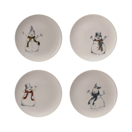 10" Round Stoneware Plate with Snowman & Bird Image, 4 Styles ©