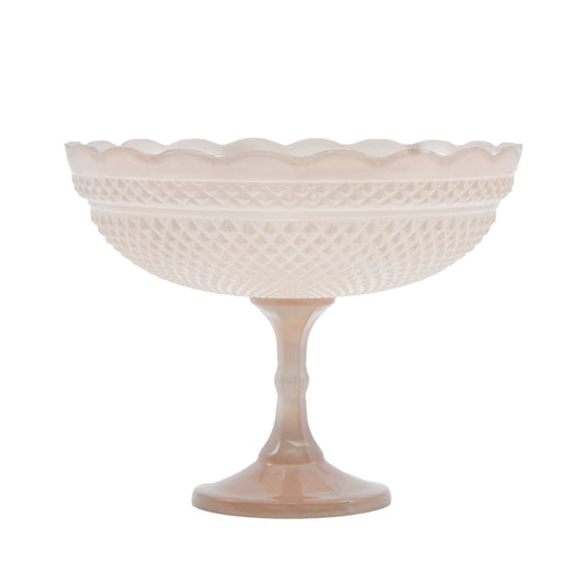 9" Round x 7-1/4"H Pressed Glass Scalloped Footed Bowl, Blush Color