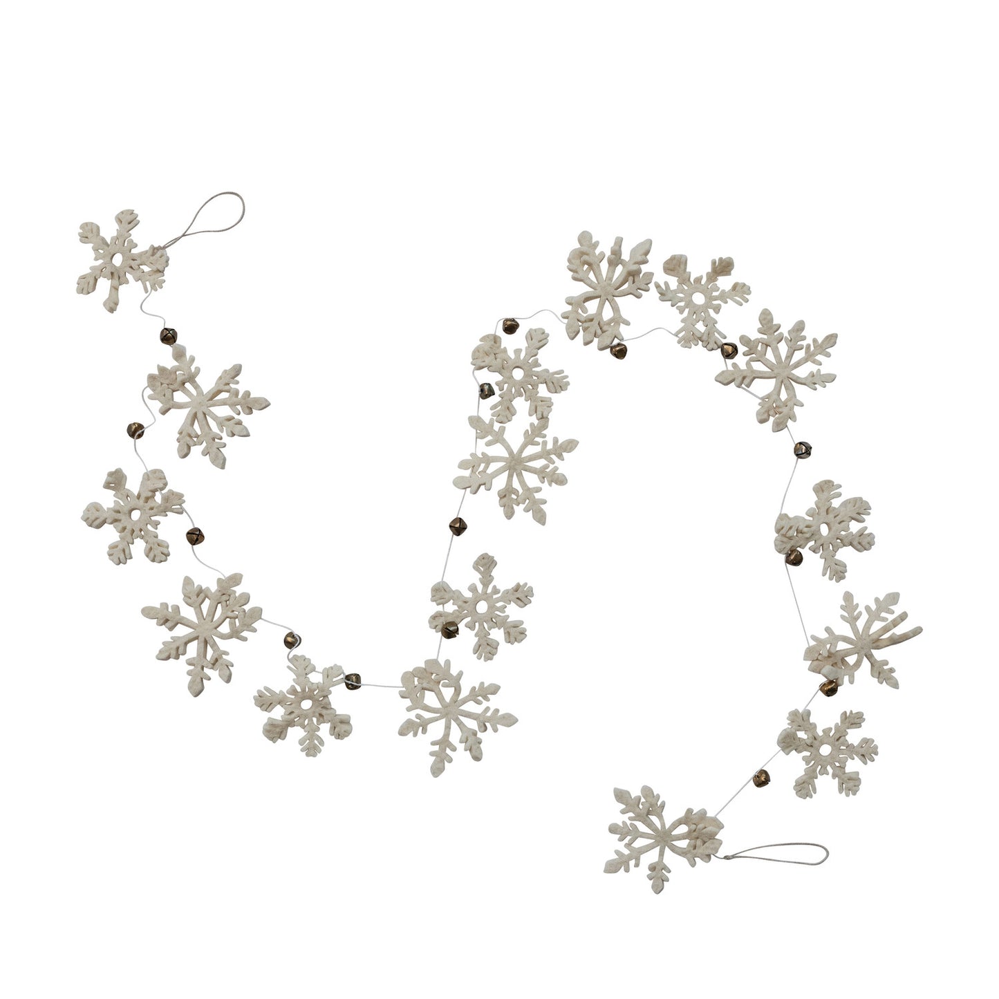 Handmade Wool Felt Snowflake Garland with Gold Finish Metal Bells