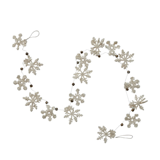 Handmade Wool Felt Snowflake Garland with Gold Finish Metal Bells