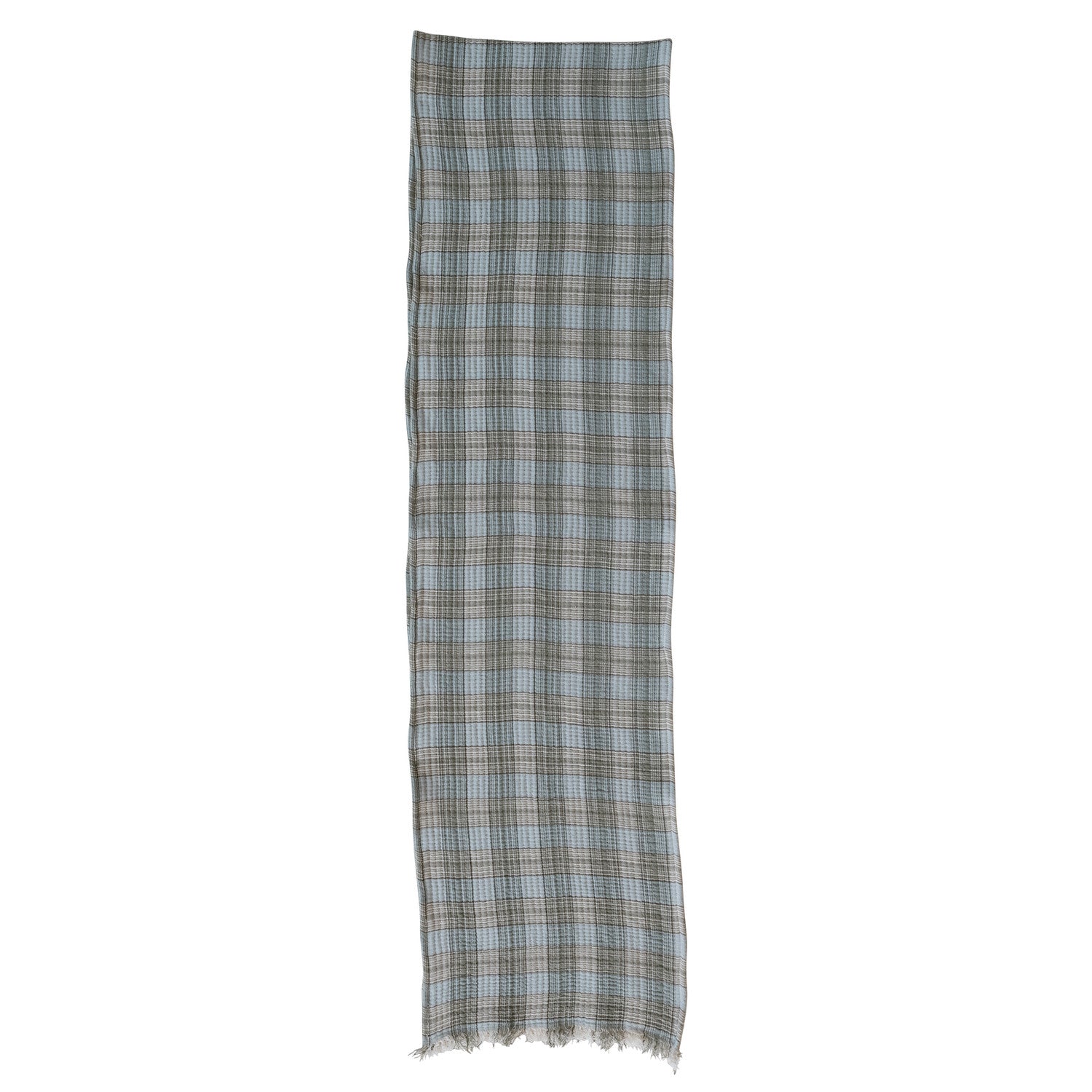 Woven Cotton Double Cloth Table Runner with Frayed Edges Plaid