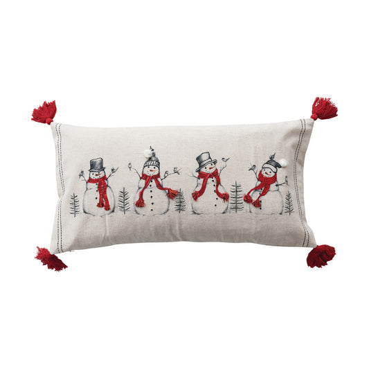 Lumbar Pillow with Embroidered Snowmen & Birds Image ©