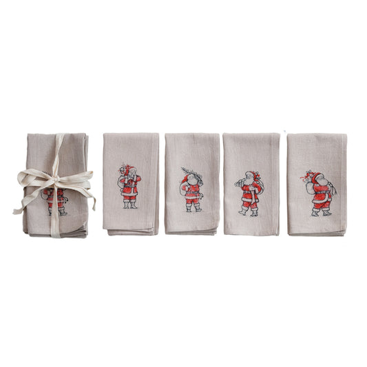 Napkins with Embroidered Santa Image, Natural, Set of 4 Tied with Tape ©
