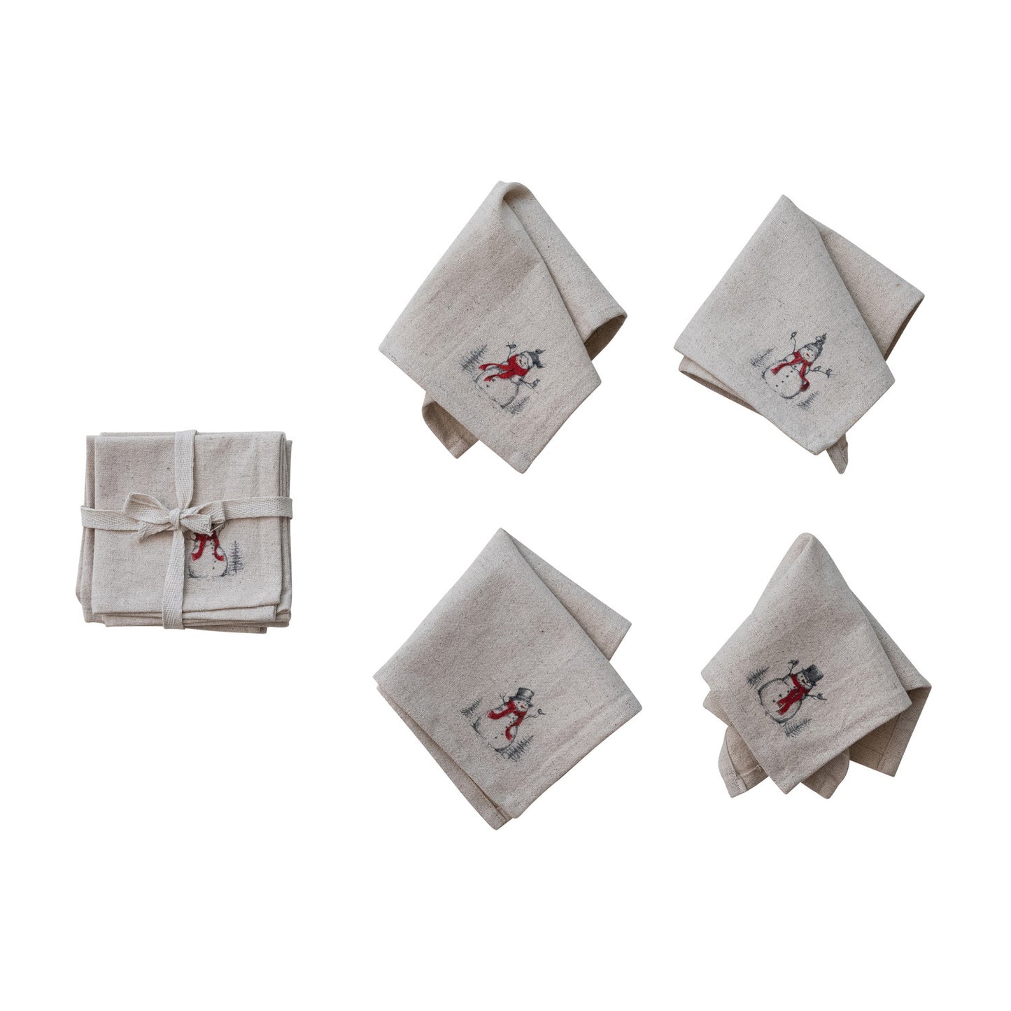Cocktail Napkins with Snowman & Bird Image, Natural, Set of 4 ©