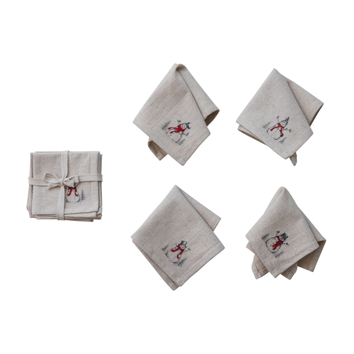 Cocktail Napkins with Snowman & Bird Image, Natural, Set of 4 ©