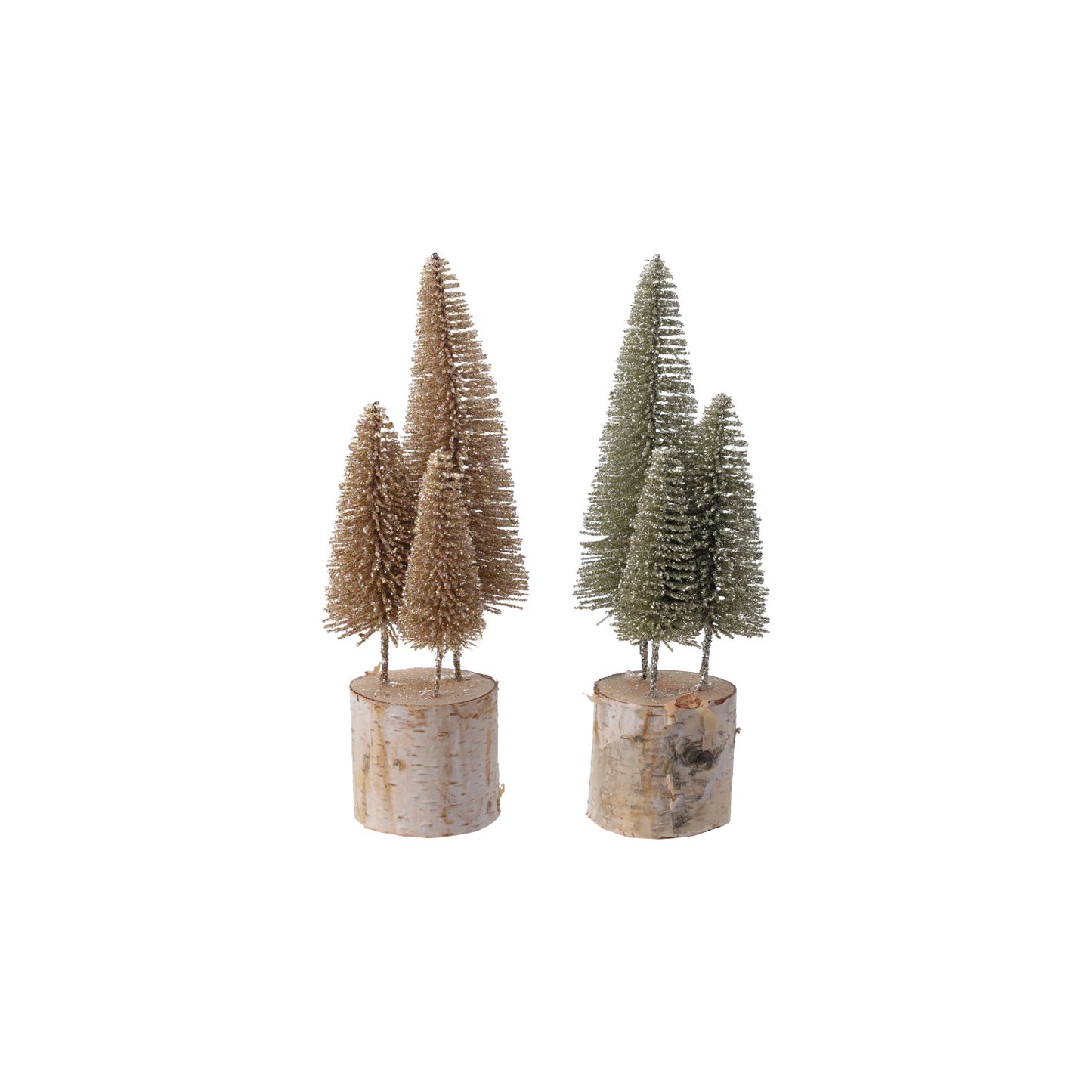 Plastic Bottle Brush Trees with Glitter & Wood Base, 2 Colors