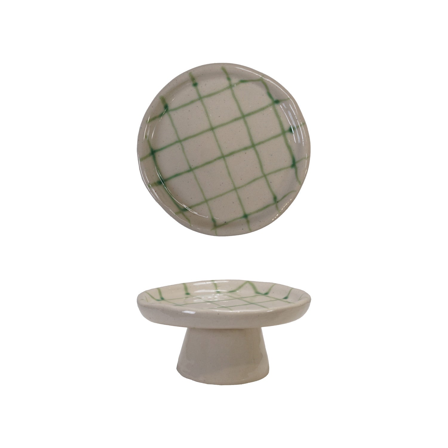 Hand-Painted Stoneware Pedestal with Grid Pattern