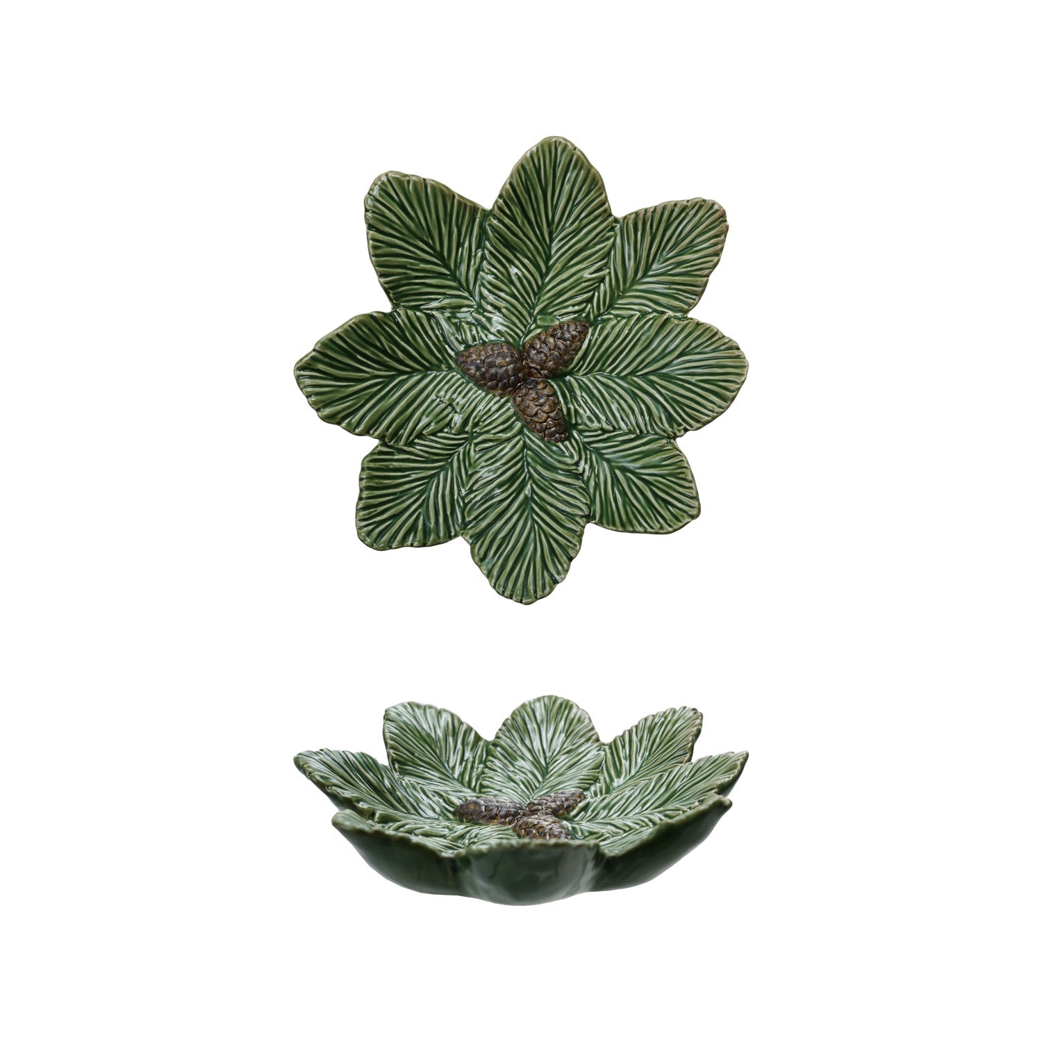 Ceramic Pine Bough Shaped Plate with Pinecones, Green & Brown