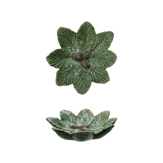 Ceramic Pine Bough Shaped Plate with Pinecones, Green & Brown