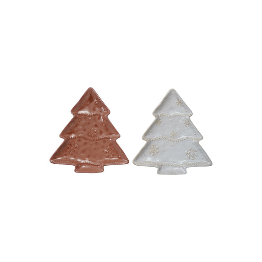 Stoneware Tree Shaped Plate with Snowflakes, 2 Colors (Each Will Vary)