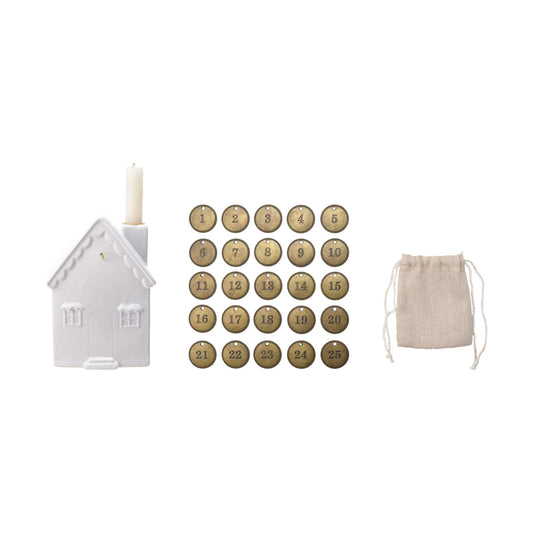 House Shaped Taper Holder/Advent Calendar with Number Tags, Set of 26