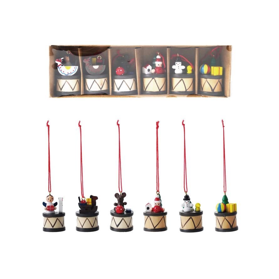 2" Wood Drum Ornament Set of 6