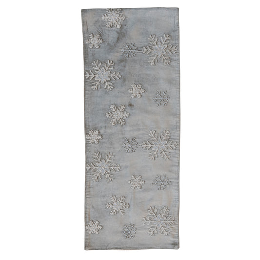 Cotton Blend Velvet Table Runner with Embroidered Snowflakes & Beads