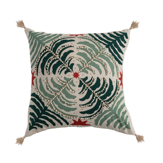 18" Square Cotton & Linen Printed Pillow with Jute Tassels
