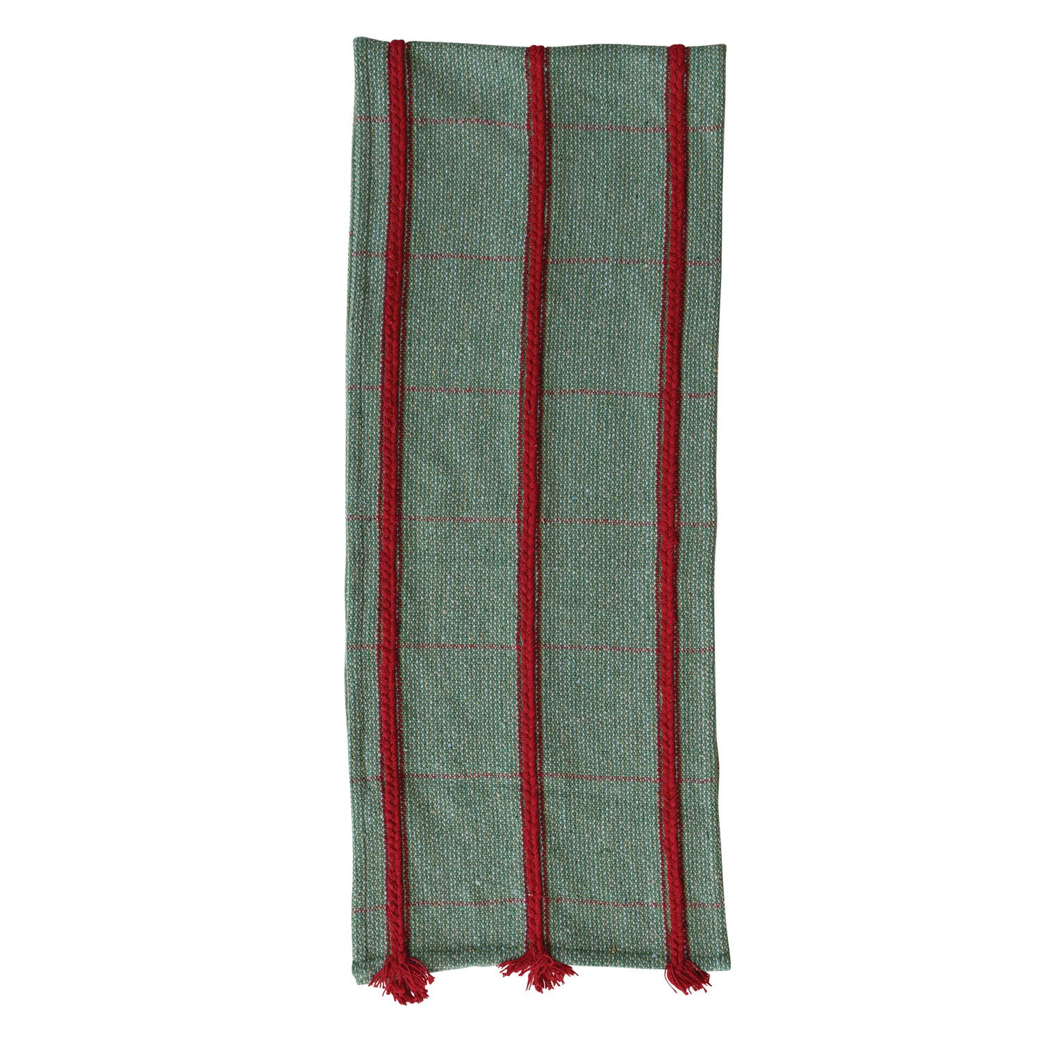 Woven Recycled Blend Table Runner with Braided Embroidery & Fringe
